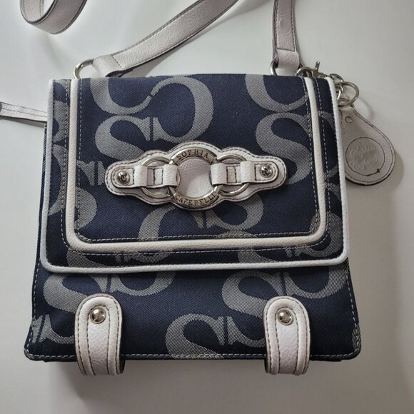 Sophia Caperelli Large Crossbody Shoulder Bag Blue White Pockets Magnet Purse - Picture 11 of 14